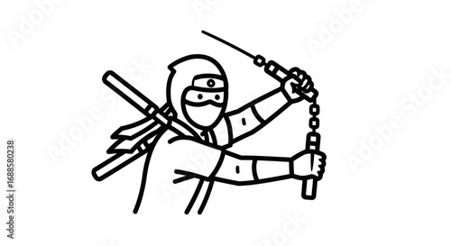 Stylized Line Art of a Ninja Warrior Holding Nunchucks and Swords.