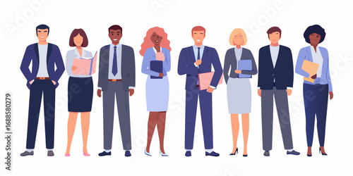 Diverse group of smiling business professionals standing together in professional attire holding documents