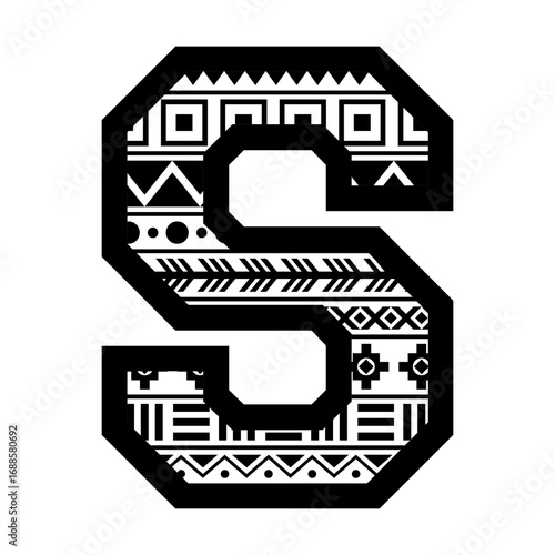 Letter S with tribal aztec ethnic motif pattern svg cut file. Isolated vector illustration.