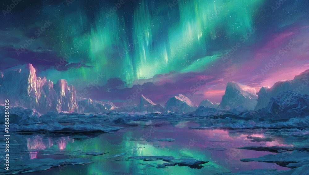 Naklejka premium Aurora borealis over icy mountains (1)