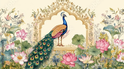 54.A detailed pichwai illustration of a Mughal-inspired garden, with regal peacocks and serene lotus flowers. The garden is framed by an intricately designed floral arch, with the delicate symmetry
