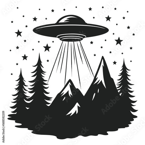 U F O beaming light onto mountain landscape with pine trees and stars