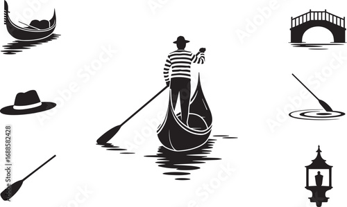 Venetian Gondola Scene Silhouette with Gondolier, Bridge, and Water Reflections