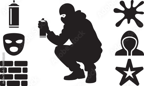 Anonymous Graffiti Artist Silhouette with Spray Can, Mask, and Urban Art Elements