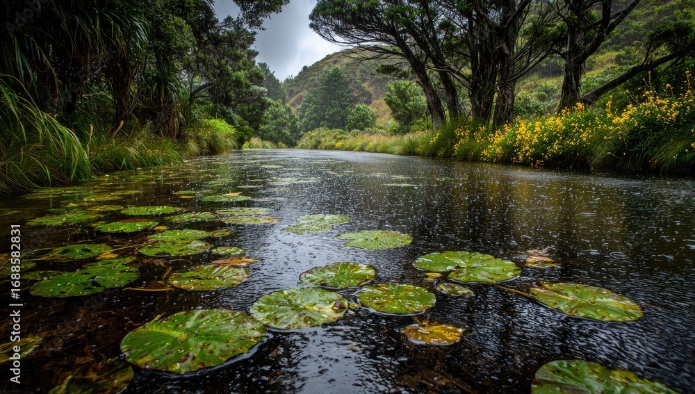 Fototapeta premium A tranquil river scene on a rainy day