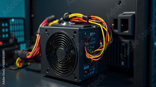 Power supply unit with colorful wires for computer in dark setting offers potential for technology concepts
