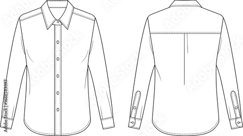 Vector technical flat sketch of classic long sleeve button-up shirt for women with collar, cuffs, and front placket details