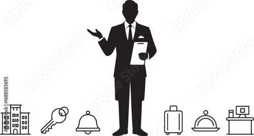 Hotel Concierge Silhouette with Amenities Icons on Transparent Background Vector Illustration