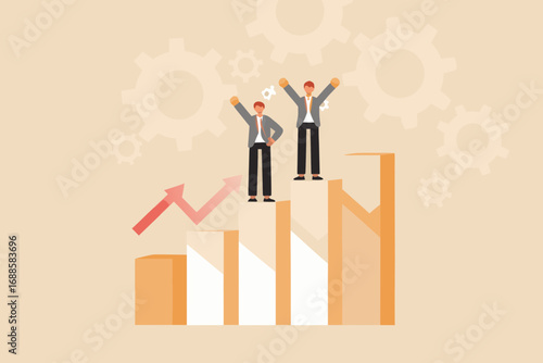 Two happy businessmen celebrating success on a rising bar graph with an upward arrow and gears in the background