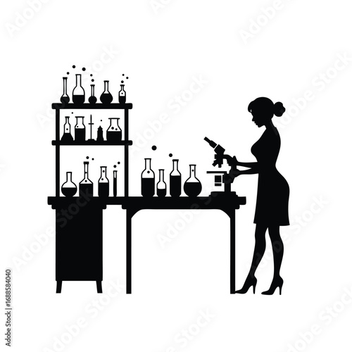 Woman scientist silhouette using microscope in laboratory 3