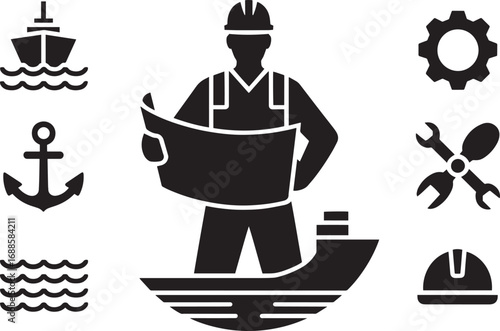Maritime Engineer Silhouette Inspecting Blueprint with Nautical and Industrial Elements