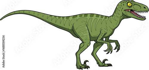 Cartoon Green Velociraptor Dinosaur Vector Illustration with Sharp Teeth and Claws, Isolated on White Background, Perfect for Educational Designs
