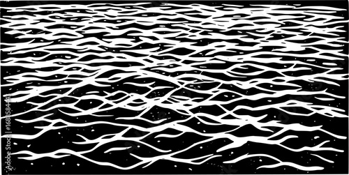 Black and White Linocut Style Water Background Minimal Vector Illustration of Waves and Fluid Texture Design