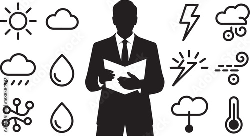 Meteorologist Silhouette with Weather Symbols on Transparent Background for Forecasting