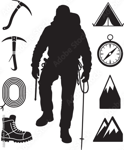 Mountaineer Silhouette with Climbing Gear on Transparent Background Vector Graphic