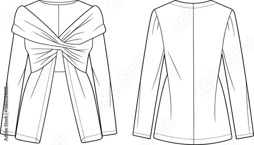 Vector technical flat sketch of women’s off-shoulder twist front top with long sleeves and draped overlay details