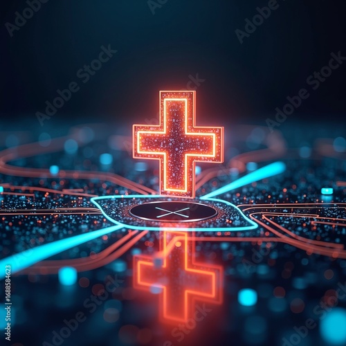 Digital healthcare innovation and medical technology advancement concept with glowing neon red cross on futuristic network background
