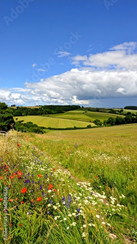 Lush meadow path under a vibrant sky