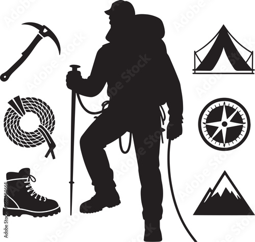 Mountaineering Adventure Silhouette Vector Illustration with Climbing Gear and Equipment