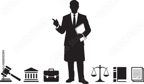 Silhouette Lawyer with Legal Symbols Vector Illustration for Justice and Law Concepts