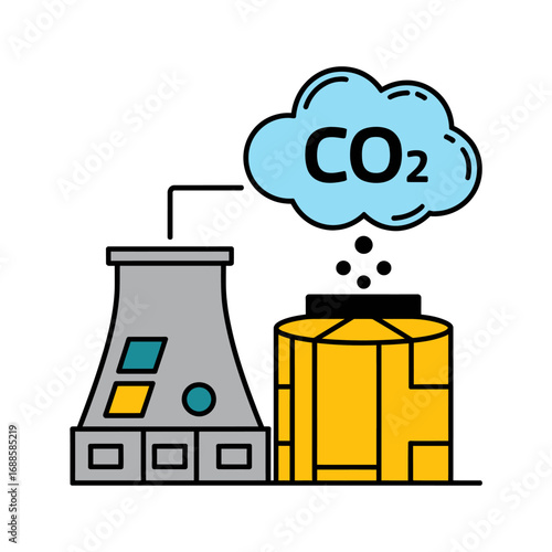 Industrial plant emitting carbon dioxide pollution causing climate change and environmental damage illustration