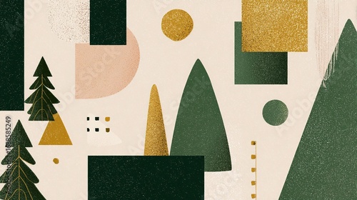 A minimalist Christmas background design featuring geometric abstract shapes in festive colors. The flat composition provides ample space for text.