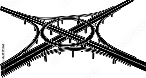 Interstate Interchange Icon: A simple yet striking graphic illustration depicting a multi-lane highway interchange, symbolizing connectivity, infrastructure, and transportation.