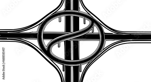 Interstate Interchange Icon: A simple yet striking graphic illustration depicting a multi-lane highway interchange, symbolizing connectivity, infrastructure, and transportation.