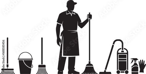 Silhouette of a Cleaning Service Worker with Tools on Transparent Background for Design