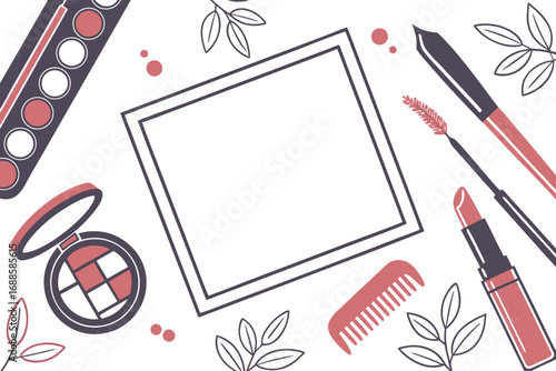 Flat lay vector illustration of cosmetic frame with lipstick mascara palette comb