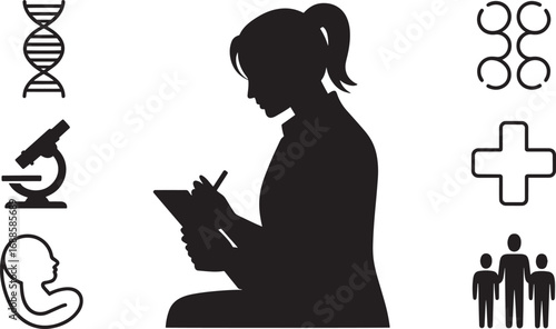 Silhouette of a Female Scientist Taking Notes with Medical Icons on Transparent Backdrop