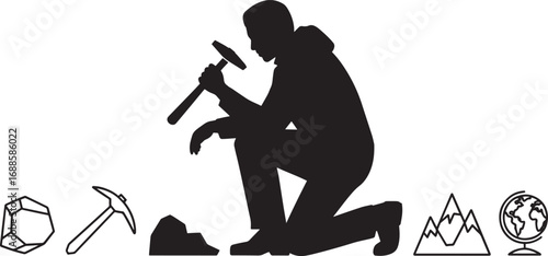 Silhouette of a Kneeling Miner with Pickaxe and Geological Icons on Transparent Backdrop