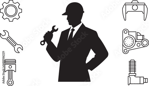 Silhouette of a Mechanic with Tools on a Transparent Background for Automotive Designs