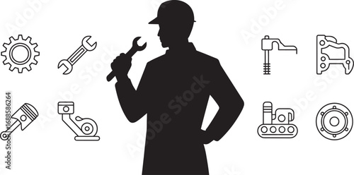 Silhouette of a Mechanic with Tools on a Transparent Background for Automotive Designs