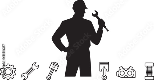 Silhouette of a Mechanic with Tools on a Transparent Background for Automotive Designs