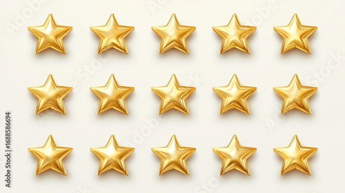 98.A realistic, polished gold star icon set arranged horizontally on a clean white background. The smooth, metallic surface of the stars creates a gleaming effect, and each star casts a soft, subtle