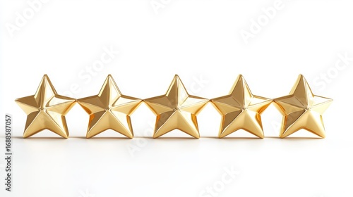 96.A realistic set of five gold stars, each with a polished metallic finish, displayed in a clean, horizontal row. The stars gleam with a subtle shine, casting soft shadows on the white background.