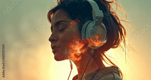 Front-Facing Female Silhouette in Headphones, Cosmic Nebula