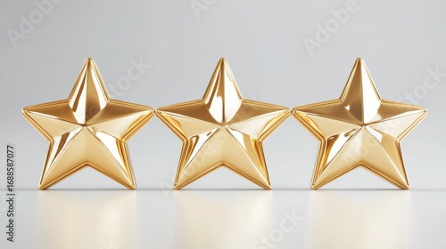 96.A realistic set of five gold stars, each with a polished metallic finish, displayed in a clean, horizontal row. The stars gleam with a subtle shine, casting soft shadows on the white background.