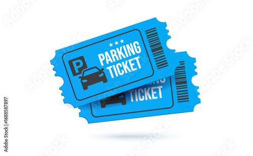Couple of 3d blue parking tickets with car icon, parking symbol, barcode, isolated on white background. 3d parking ticket icon in vector illustration. Vector illustration