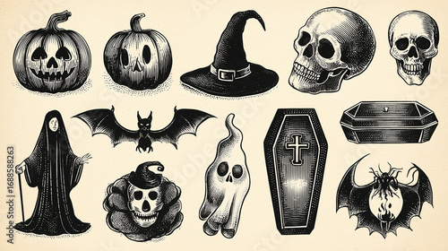 set of vintage halloween engraving or halftone icons,Retro Spooky halloween design elements with pumpkin, skull, ghost, bat, witch hat, and coffin
