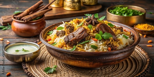 Aromatic Biryani with Spices and Herbs on Wooden Table