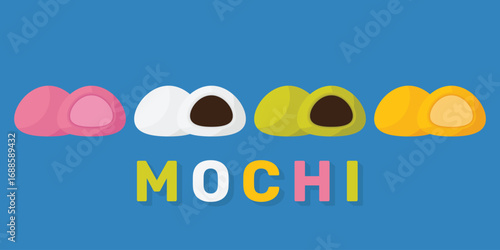 Set Mochi colored on white background. Japanese traditional sweet soft dessert. Bento mochi dish. Ball of rice flour with bean paste. Vector illustration with healthy sweet snack.