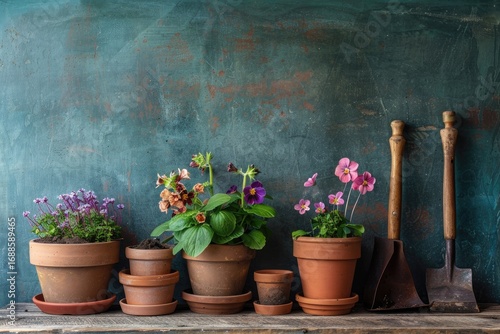 Premium Quality Picture of Arrangement of Flowerpots with Gardening Instruments