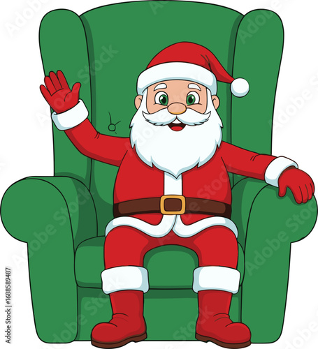 Cartoon Santa Claus Sitting on Green Chair Waving Hand in Red Suit Christmas Character Holiday Vector Illustration Isolated White Background