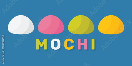Set Mochi colored on white background. Japanese traditional sweet soft dessert. Bento mochi dish. Ball of rice flour with bean paste. Vector illustration with healthy sweet snack.