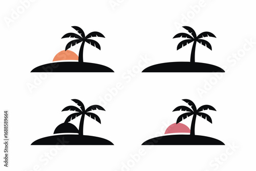set of Sunset horizon with palm trees silhouette vector