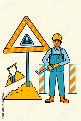 Construction worker holding tool beside warning sign and barrier  