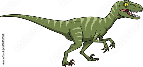 Cartoon Velociraptor Dinosaur Vector with Striped Green Skin and Sharp Teeth, Isolated on White Background, Perfect for Educational Projects