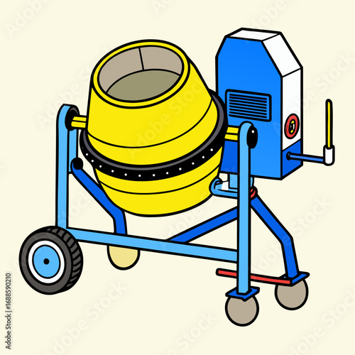 Concrete mixer in bright colors on a wheeled stand  